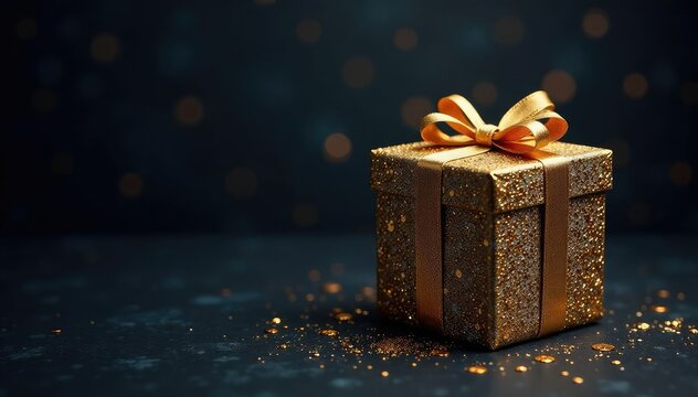 Intricate gold gift box pattern on dark background, shine, craft - Powered by Adobe