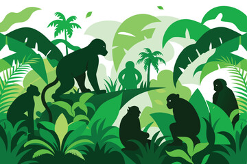 Monkeys explore the lush green jungle with dense foliage in this nature silhouette