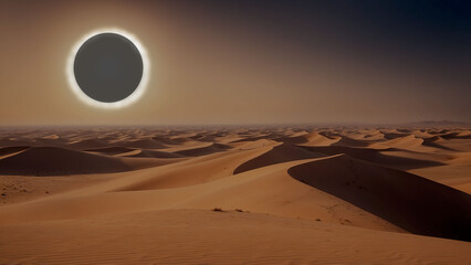  Solar Eclipse Over Sahara Desert Dunes — Warm Hazy Golden Light