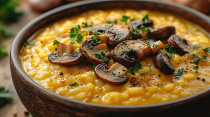 Creamy risotto with sauteed mushrooms and fresh parsley in a wooden bowl
