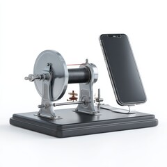 Fototapeta premium A modern smartphone is displayed beside a vintage-style electromagnetic generator on a black base, blending old technology with new.