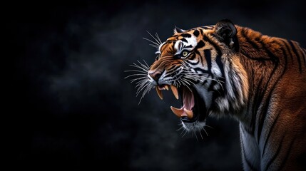 Tiger roaring in dark background close up