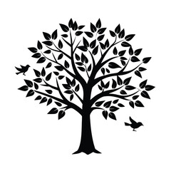 Serene Leafy Tree with Birds Silhouette Vector Illustration