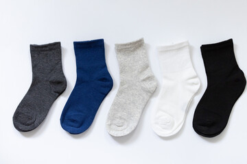 5 Pairs of Baby Socks Blue, Black, Grey, White on White Background