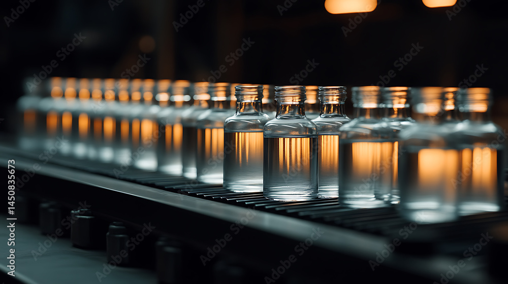 Aufkleber automated bottling: row of clear glass bottles filled with a clear liquid proceed along an assembly 