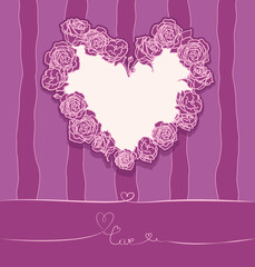 Vector romantic card in shades of pink and lilac: heart-shaped frame made of solid roses with space for text, decorative lines with heart and word love, background with jagged stripes.