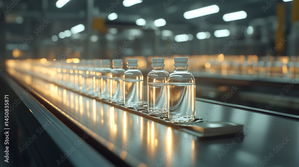 Poster automated liquid filling line in a factory setting with rows of clear bottles being filled and proce