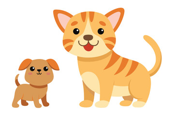 Fototapeta premium Playful cartoon puppy and striped kitten stand cheerfully on a transparent background together