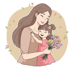 A heartwarming handmade illustration of a joyful Mother&rsquo;s Day moment, featuring a loving mother and her smiling daughter sharing a warm embrace. The little girl, holding a colorful bouquet of flowers