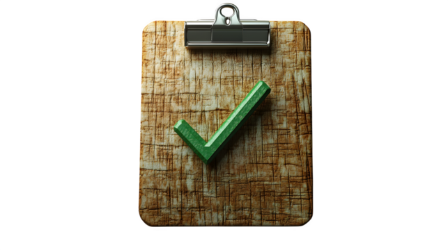 Clipboard with green checkmark icon in 3D, isolated on white background