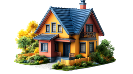 Colorful house 3D model in high-resolution plastic style, isolated on white background