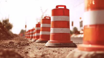 Low angle view of dirt road with orange traffic barrels and sunset light during road construction zone work.
