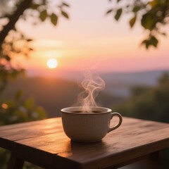 close-up of a steaming cup of coffee placed on a wooden table at sunset.