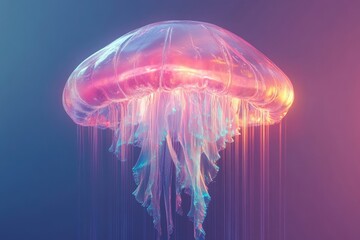 A vibrant, bioluminescent jellyfish gracefully floats in a dreamy, ethereal underwater scene.