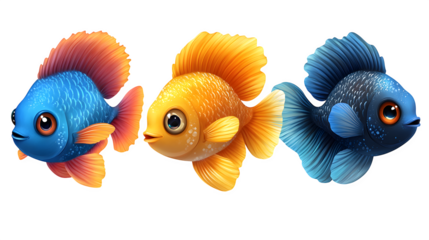Colorful tropical fish in cartoon marine 3D design, isolated on white background