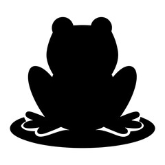 Simple black silhouette of a frog sitting on a lily pad in pond