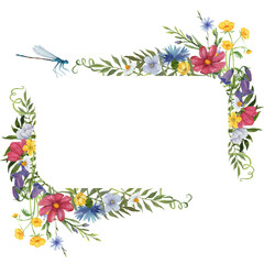 Watercolor illustration of a horizontal frame decorated with wild meadow flowers and a delicate dragonfly. Perfect for rustic wedding invitations, greeting cards, and nature-themed designs.