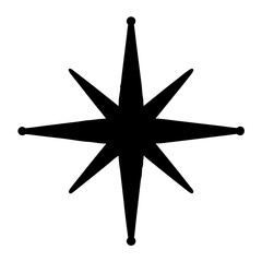 Black eight pointed star with dots on the end on white background