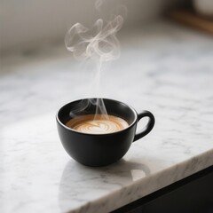 A close-up of a steaming cup of coffee on a sleek marble countertop