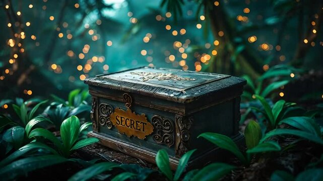 antique box with the inscription secret in the magical forest at night