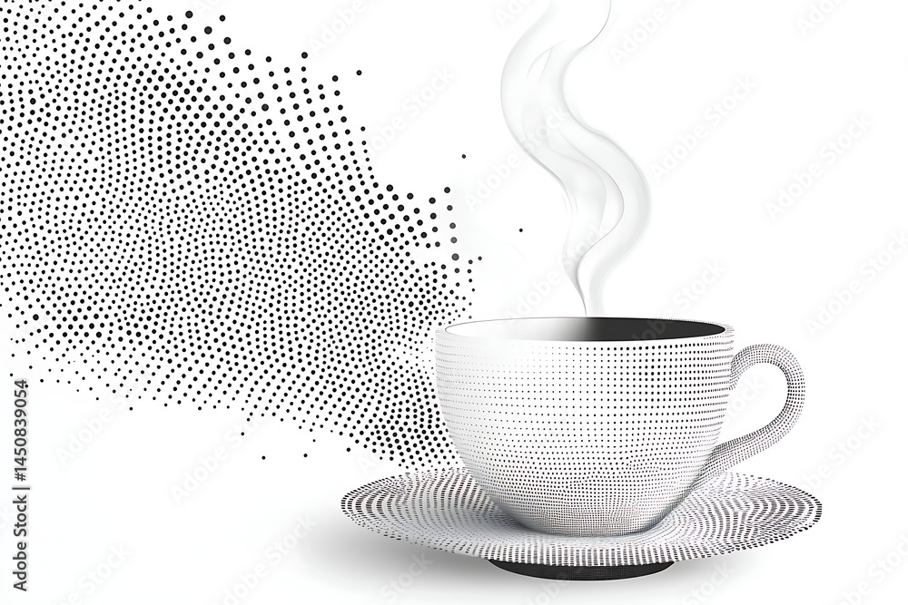 Aufkleber a steaming cup of coffee with black dots pattern and a saucer on a white background with dots design