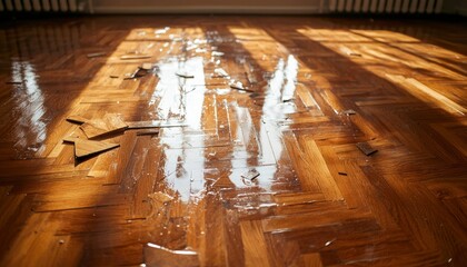 Damaged wooden floor with missing tiles