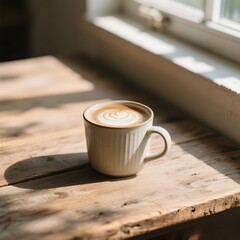 close up cup of coffee placed on a rustic wooden table near a sunlit window,