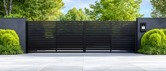 Modern Black Sliding Gate With Lush Green Landscaping