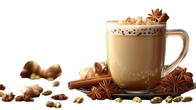 3D masala tea icon with Indian spices like cardamom, cinnamon, and ginger in realistic style, isolated on white background