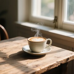 close up cup of coffee placed on a rustic wooden table near a sunlit window,