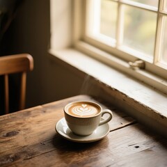 close up cup of coffee placed on a rustic wooden table near a sunlit window,