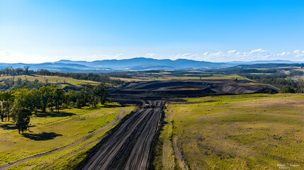 Naklejka premium Panoramic Countryside Landscape With Dirt Road And Mountain Range