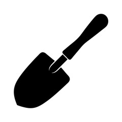 Black silhouette of a small garden trowel tool isolated on white background