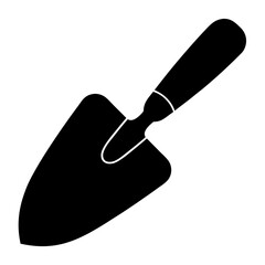 A black and white illustration of a trowel against a white background