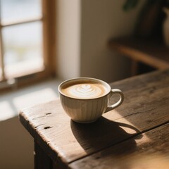 close up cup of coffee placed on a rustic wooden table near a sunlit window,