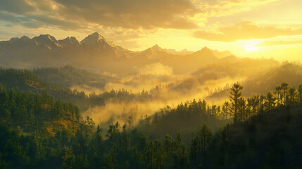 Obraz premium Golden Sunrise Over Misty Mountain Range and Pine Forest Landscape