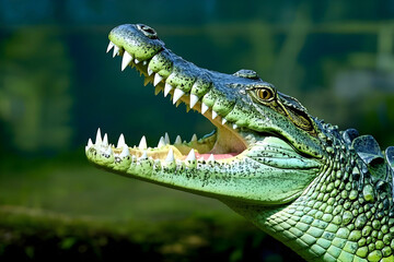 Fototapeta premium Close-up of a Green Crocodile's Head with Open Jaws