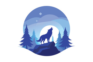 Silhouette of a wolf howls atop rocks in a pine forest under a blue moon