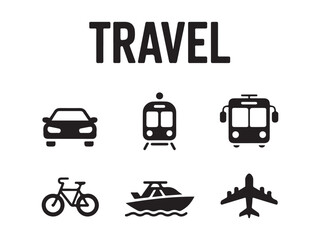 Simple Black and White Icons of Various Transportation Vehicles