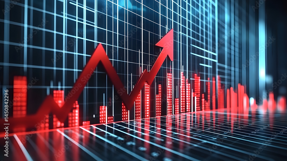 Poster a large red arrow points downwards over a gridded financial chart showing a sharp decline in value, 