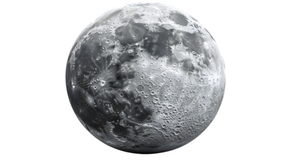Full moon, realistic 3D render, glowing grey surface, isolated on white background