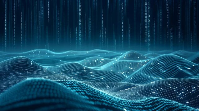 Abstract technological background with digital binary code waves, glowing particles representing data flow, blue digital terrain with matrix-style falling numbers