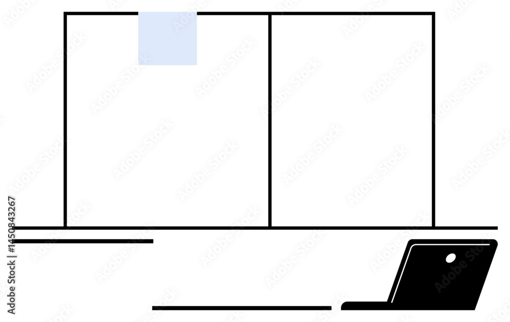 Aufkleber open laptop on a simple desk facing a large window panel with a sticky note. ideal for productivity,