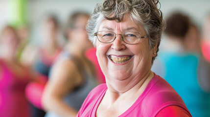 Fototapeta premium Elderly woman smiling joyfully during indoor dance class 