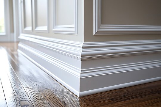 Elegant white baseboards on hardwood floor