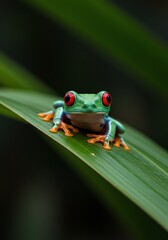 Obraz premium Red Eyed Tree Frog on Green Leaf