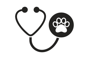 Stethoscope is connected with paw print, symbolizing pet health and care in monochrome