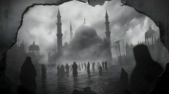 Figures in cloaks stand before a mosque in a misty cracked-wall framed scene  A somber almost ghostly atmosphere perv