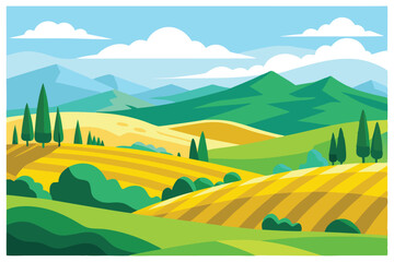 Sunny countryside with rolling hills shows yellow field and blue mountains under the clouds