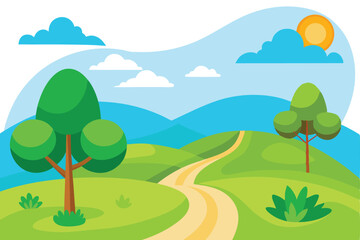 Obraz premium Sunny pathway through green hills leads towards distant mountains under bright blue skies above